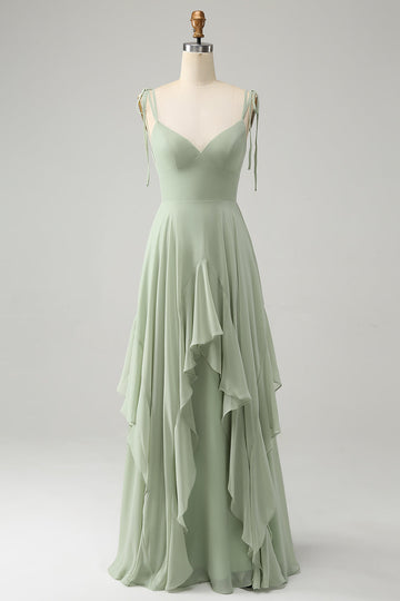 Matcha A-Line Spaghetti stropper Chiffon brudepike kjole med volanger